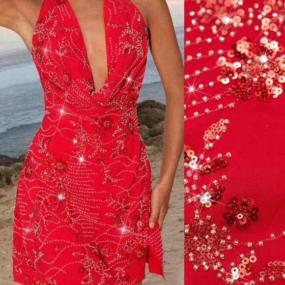 Red Party Women's Beaded Embroidered Fabric Halter Open Back Mini Dress - Picture 8 of 8